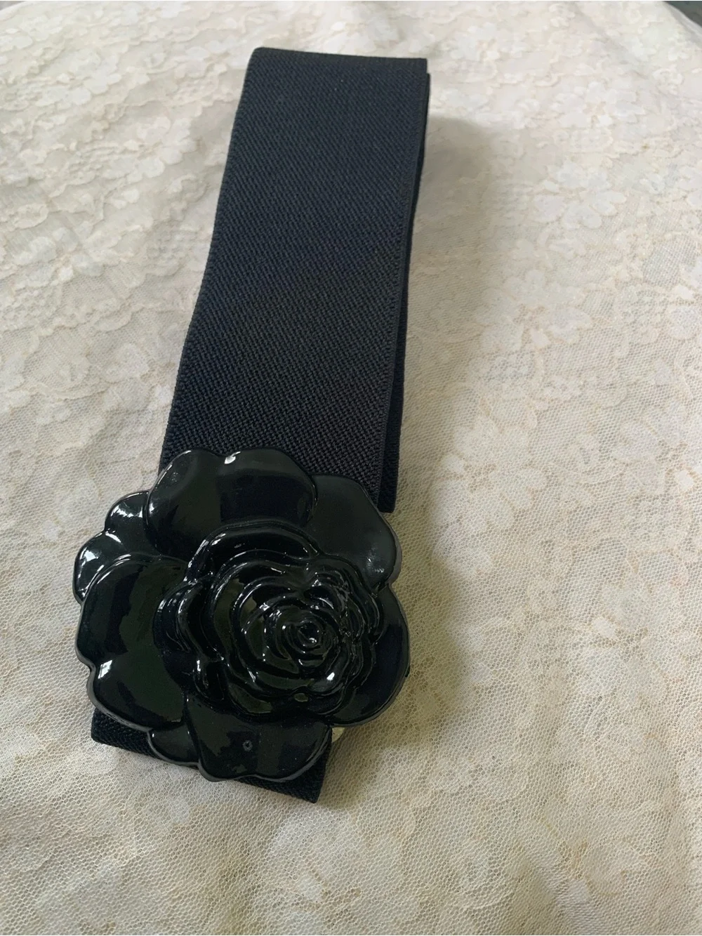 Women’s Black Rose Flower Elastic Stretch Belt | Retro Wide Dress Cinch Band